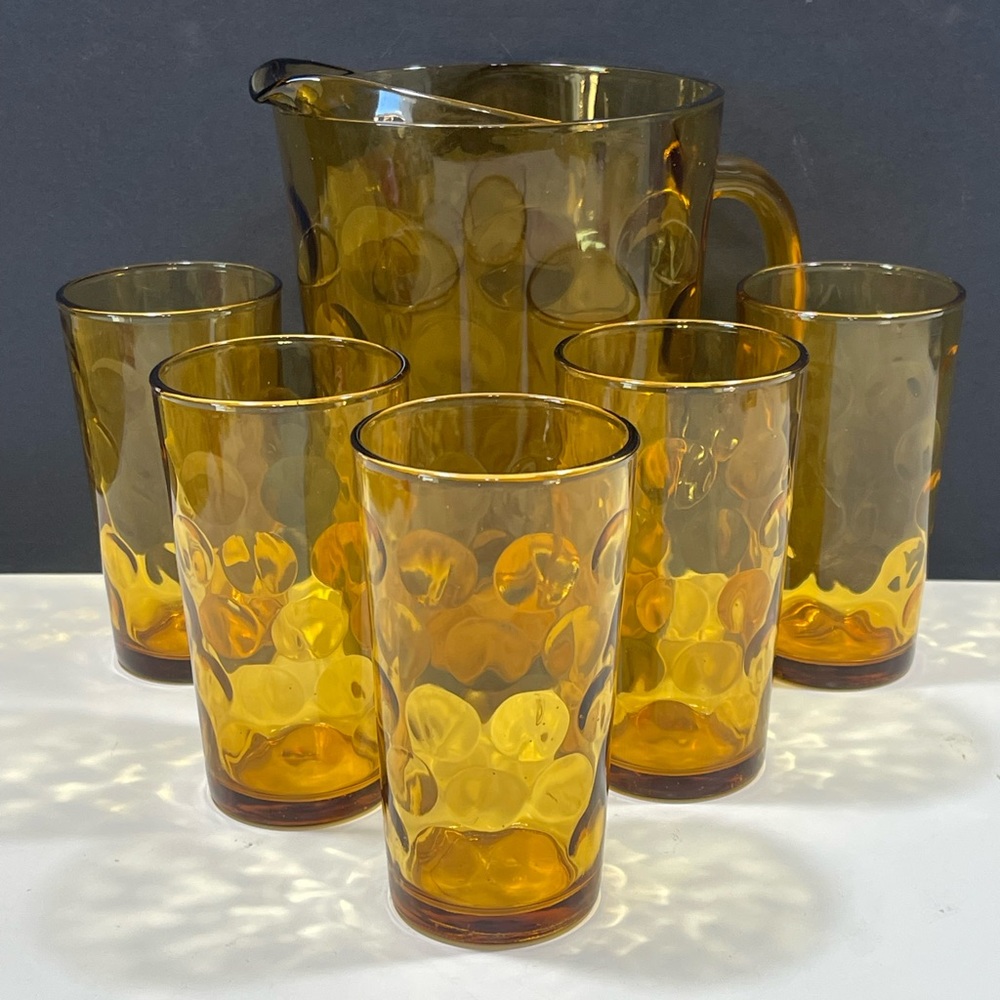 Vtg Hazel Atlas Amber ELDORADO Gold Beverage Set 64 oz Pitcher 5 Glasses (T44)